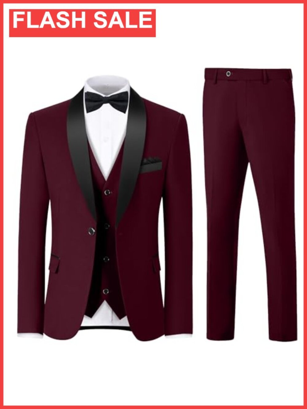 Men's 3 Piece Slim Fit Tuxedo with Bow Tie and Pocket Square